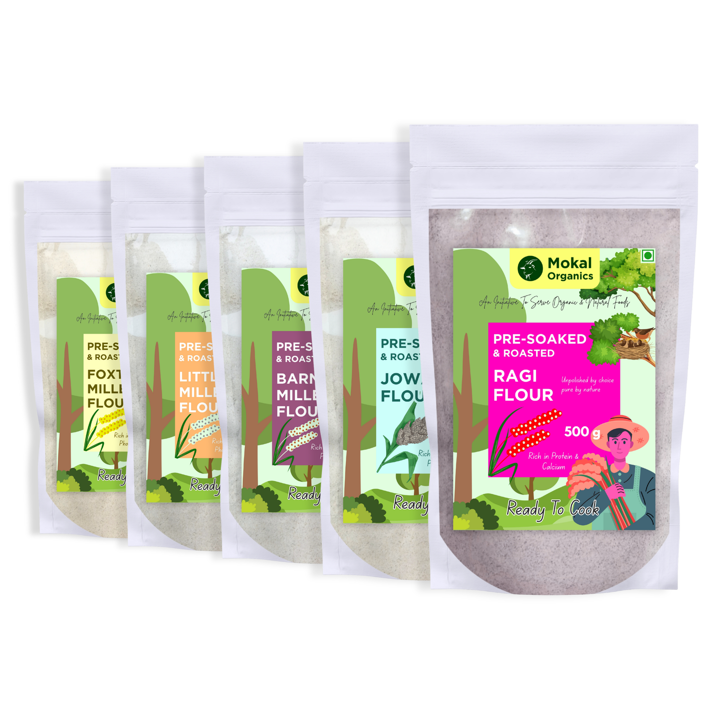 Pre-Soaked Millet Flours 2.5Kg ( Ragi, Jowar, Foxtail, Little, Barnyard ) 500g Each | Unpolished Millet Flours | Positive Millet Flours