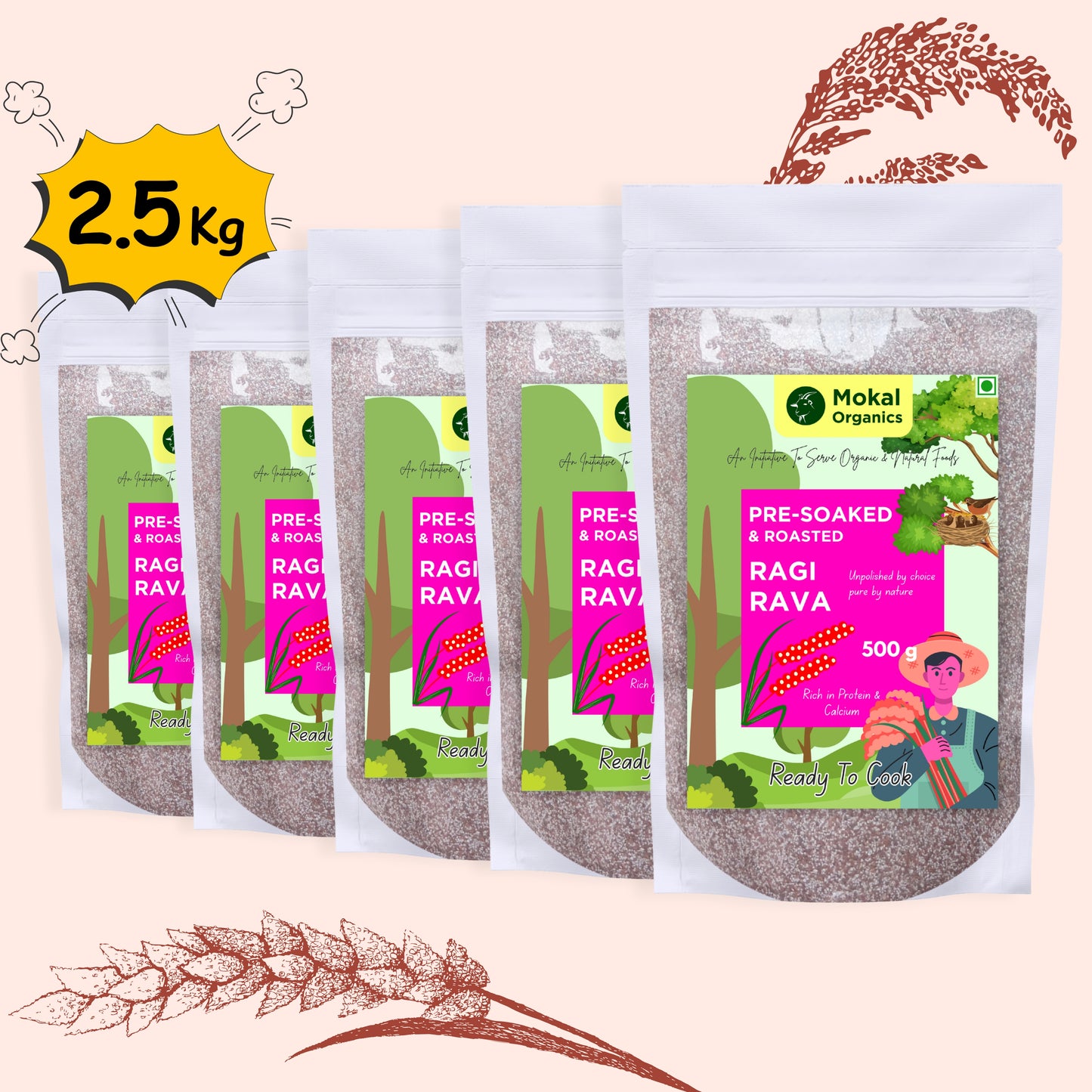 Pre-Soaked Ragi Rava 2.5Kg | Ragi Idli Rava | Traditionally Stone-Grounded - ( 500g x 5 )