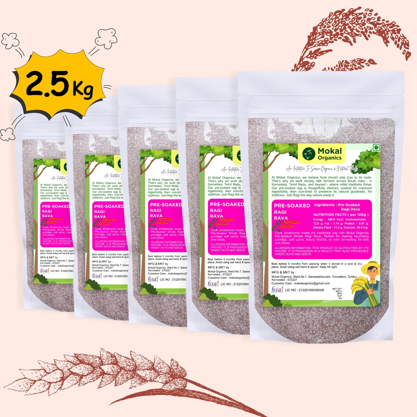 Pre-Soaked Ragi Rava 2.5Kg | Ragi Idli Rava | Traditionally Stone-Grounded - ( 500g x 5 )