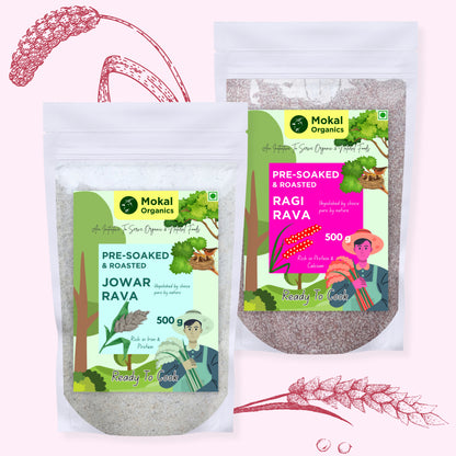 Pre-Soaked Jowar Rava & Ragi Rava Combo 1Kg - 500g Each | Traditionally Stone-Grounded