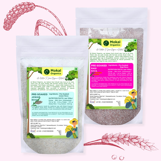 Pre-Soaked Jowar Rava & Ragi Rava Combo 1Kg - 500g Each | Traditionally Stone-Grounded | 100% Natural, Gluten Free | Rich in Protein & Dietary