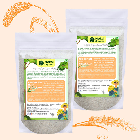 Pre-Soaked Multi Millet Rava 1Kg | Jowar, Ragi, Foxtail, Little, Kodo, Barnyard, Browntop | Traditionally Stone-Grounded - ( 500g x 2 )