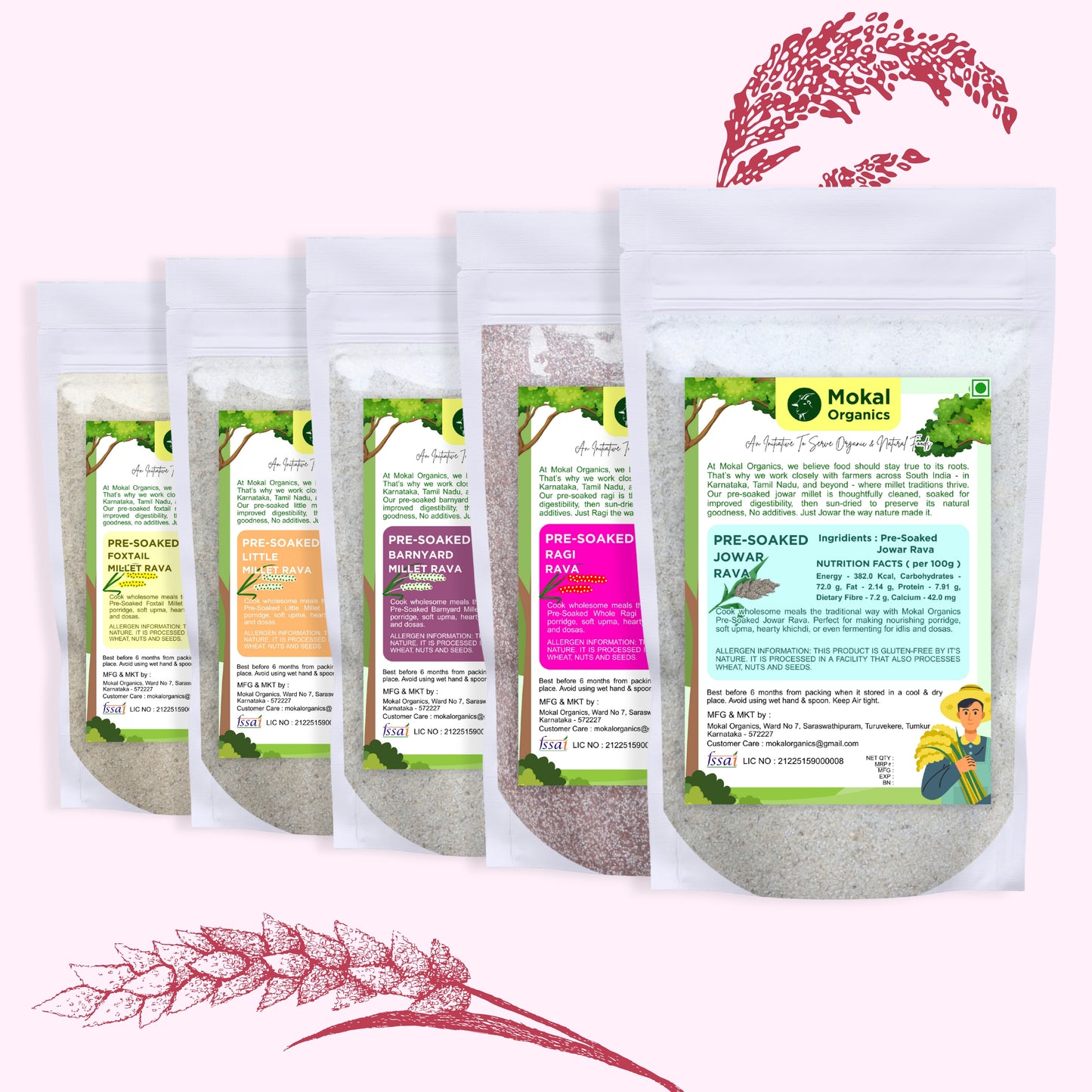 Pre-Soaked Millet Ravas Combo 2.5Kg ( Jowar, Ragi, Barnyard, Foxtail, Little ) 500g Each |Traditionally Stone-Ground By Hand | Unpolished Millet Ravas