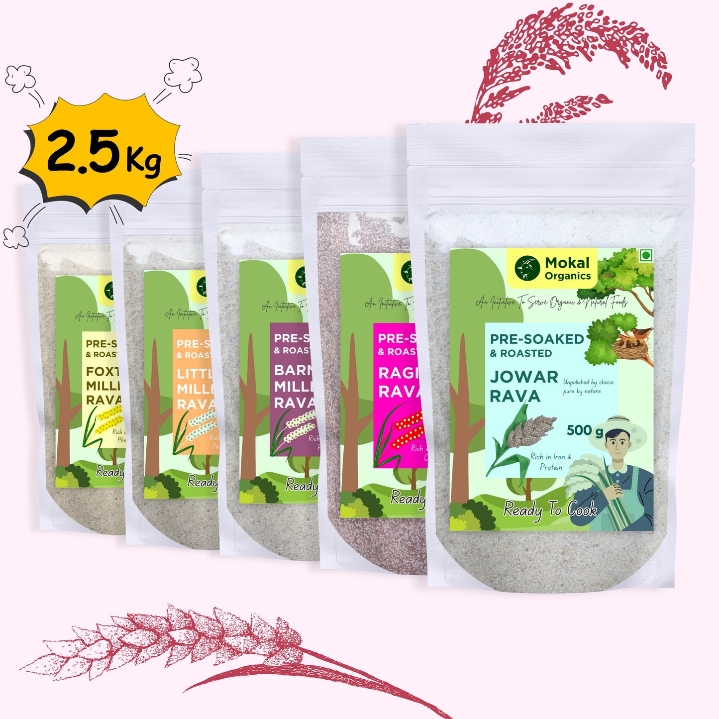 Pre-Soaked Millet Ravas Combo 2.5Kg ( Jowar, Ragi, Barnyard, Foxtail, Little ) 500g Each |Traditionally Stone-Ground By Hand | Unpolished Millet Ravas