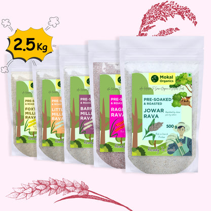 Pre-Soaked Millet Ravas Combo 2.5Kg ( Jowar, Ragi, Barnyard, Foxtail, Little ) 500g Each |Traditionally Stone-Ground By Hand | Unpolished Millet Ravas