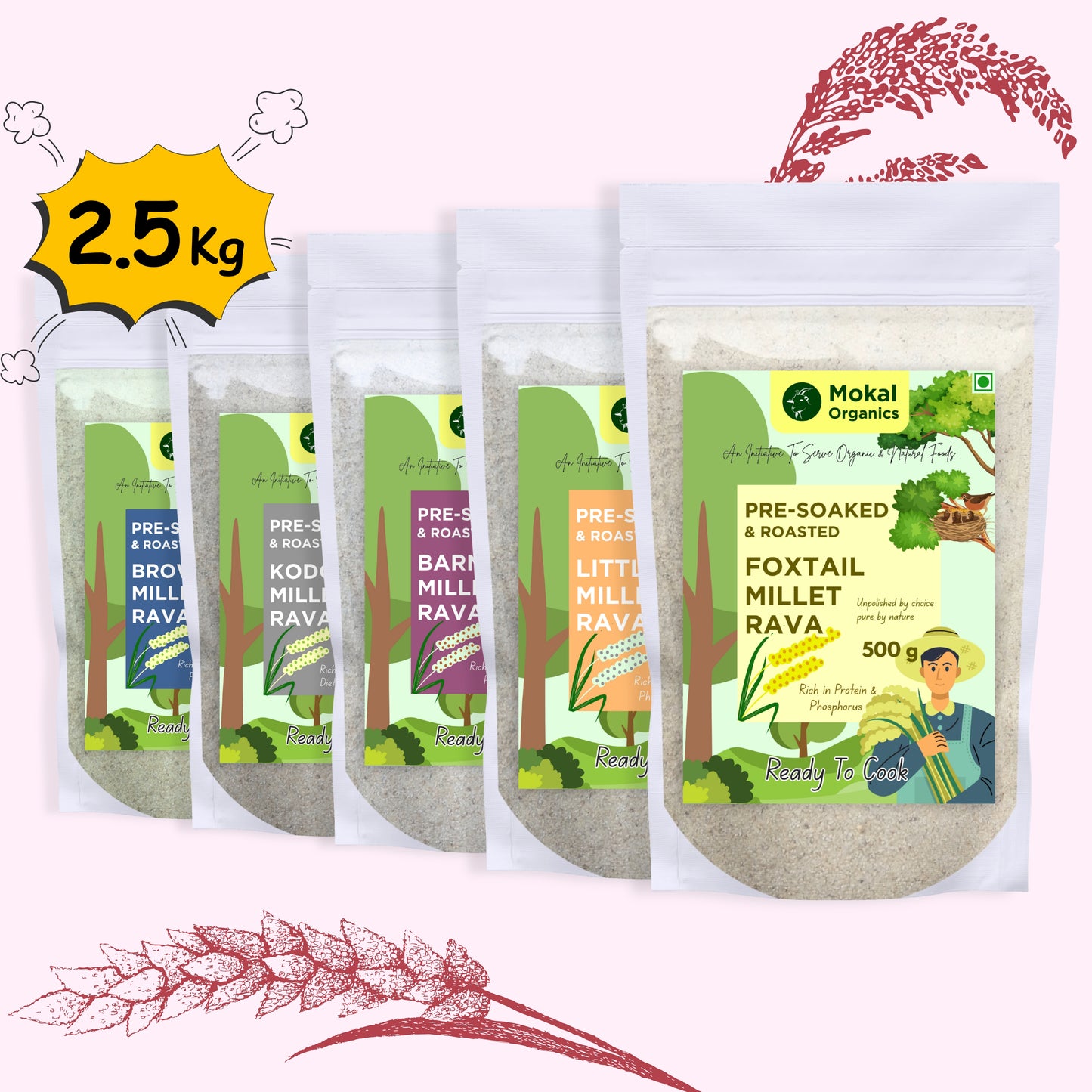 Pre-Soaked Millet Ravas 2.5Kg ( Foxtail, Little, Kodo, Browntop, Barnyard ) | Millets rava | Traditionally Stone-Grounded