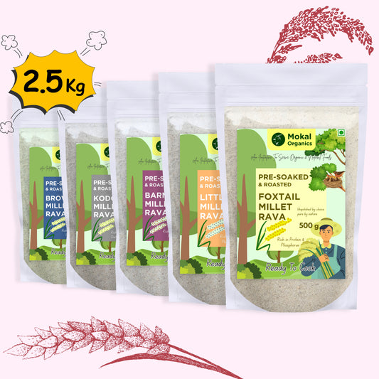Pre-Soaked Millet Ravas Combo 2.5Kg ( Foxtail, Little, Kodo, Browntop, Barnyard ) 500g Each | Traditionally Stone-Ground By Hand | Unpolished Positive Millet Ravas