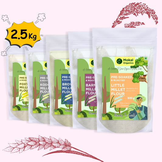 Pre-Soaked Millet Flours 2.5Kg ( Foxtail, Little, Kodo, Browntop, Barnyard ) 500g Each | Unpolished Millet Flours | Positive Millet Flours