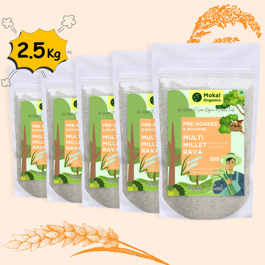 Pre-Soaked Multi Millet Rava 2.5Kg | Jowar, Ragi, Foxtail, Little, Kodo, Barnyard, Browntop | Traditionally Stone-Grounded - ( 500g x 5 )